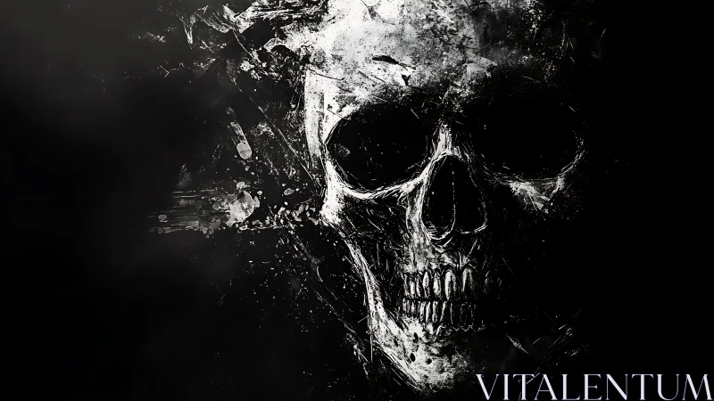 High-contrast splatter-rendered cranial skull on void field.