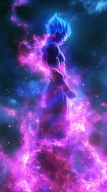 Celestial warrior in neon aura rendered with high-energy lighting