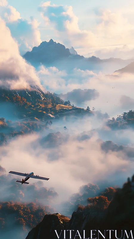 Light plane glides above misty mountains at sunrise