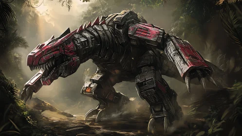 Steel jungle titan prowls the misty prehistoric ravine