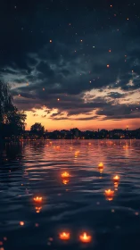 Floating lanterns illuminate dusk lake under dramatic clouds