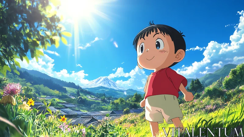 Smiling child explores sunlit mountain valley meadow.