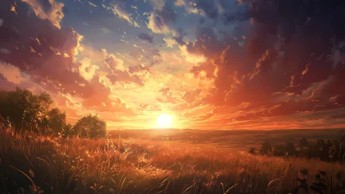 Low-angle sunset over grassland with volumetric cloud layering