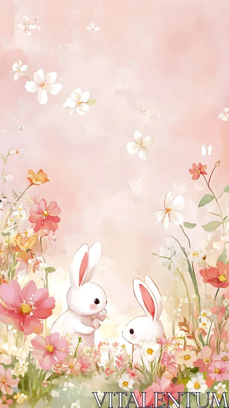 White rabbits in stylized floral field on soft pink ground.