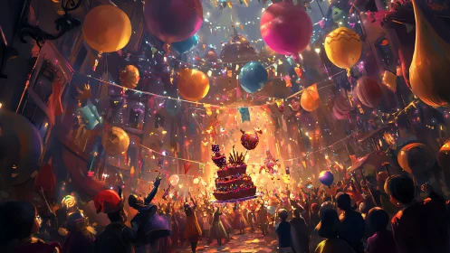 Luminous Festival Celebration With Suspended Balloons and Ornate Cake