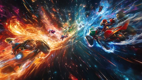 Cosmic Kart Clash Through Fiery And Icy Star Trails.