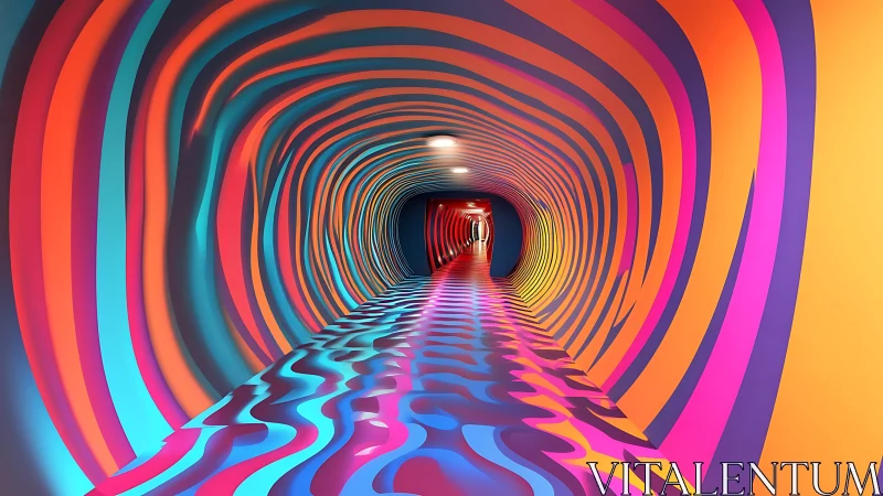 Curved interior tunnel displays striped multicolor gradients