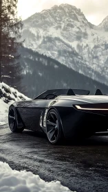 Futuristic black roadster glides through a snowy alpine pass.