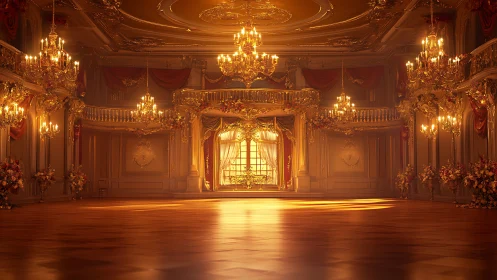 Baroque grand ballroom interior with chandeliers, 3D render.