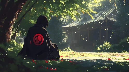 Solitary cloak in sun-dusted shrine garden silence.