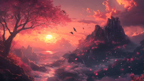 Vivid pink fantasy valley at sunset with river and peaks.