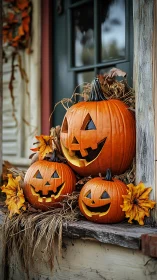 Cheerful jack-o-lantern family welcoming cozy fall evenings.