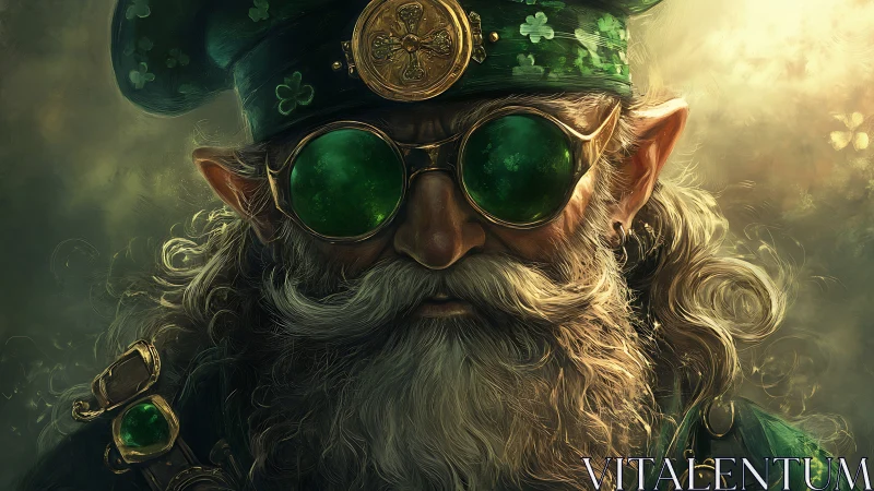 Stoic leprechaun portrait with emerald lenses and hat.