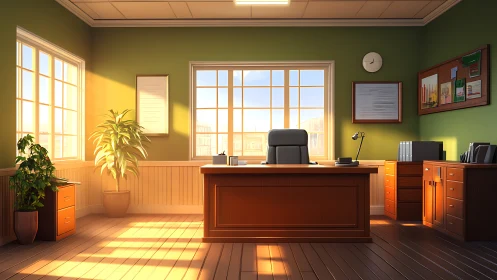 Sunlit executive haven with plants, papers, and quiet ambition.