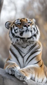 Content tiger portrait with closed eyes and relaxed paws.