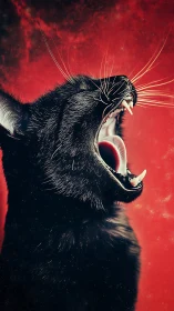 Black cat profile roaring against vivid crimson nebula field.