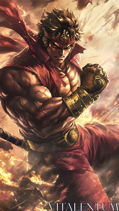 Fiery warrior in red rising through swirling stormlight.