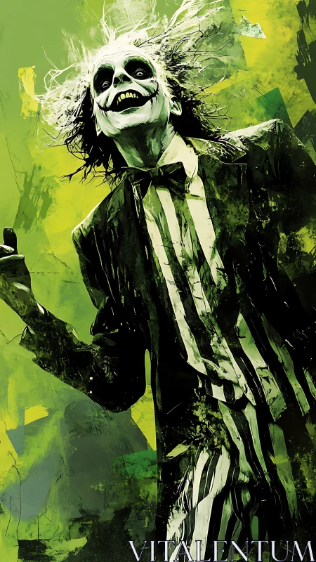 Wildly grinning trickster in electric green whirlwind.