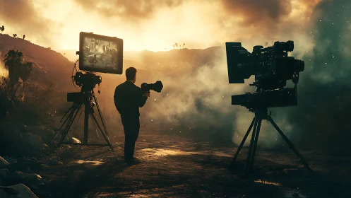 Cinematic camera crew silhouetted against smoky sunset ridge
