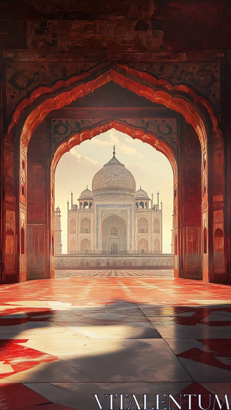 Taj Mahal framed by red sandstone arch in golden haze.