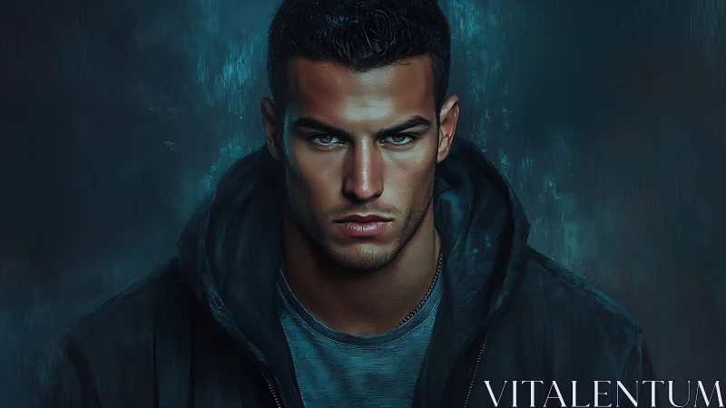 Brooding young man stares forward under cold teal light