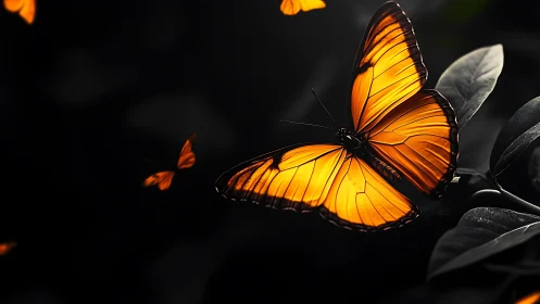 Orange butterfly glows against dark foliage background
