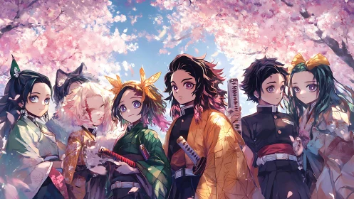 Group of anime swordsmen under blooming cherry blossoms.