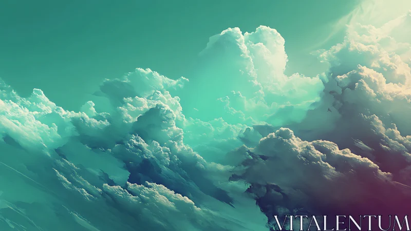 Emerald stormcloud kingdoms drifting through a luminous sky.