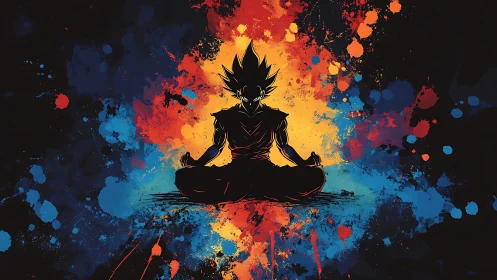 Meditating warrior silhouette with bold splatter colors.