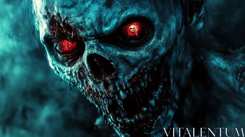 Horror closeup of decayed skull monster with glowing eyes.