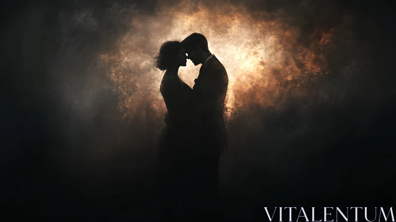 Silhouetted figures in warm backlighting display intimate proximity and pose.
