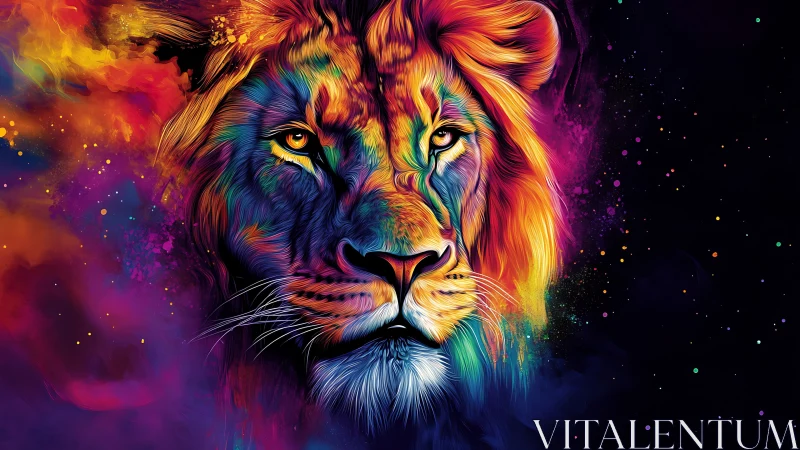Radiant rainbow lion gazes boldly through cosmic color