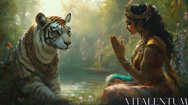 Sacred tiger and serene princess share a quiet forest prayer