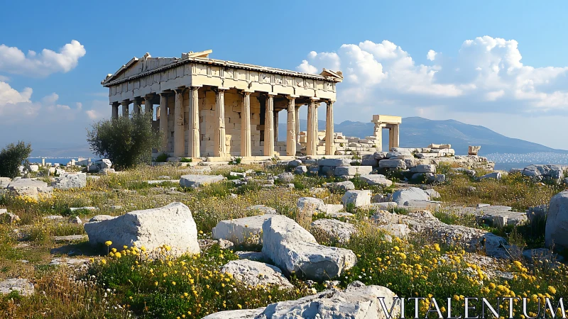 Sunlit Parthenon whispers through wildflowers and stone