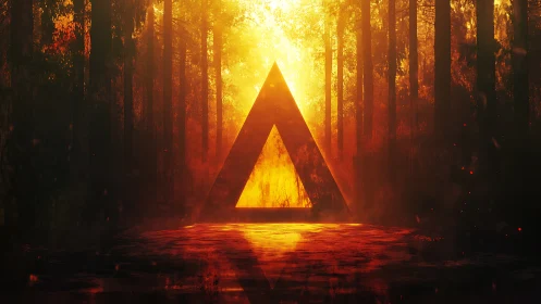 Nested triangular light portal rendered within dark forest setting