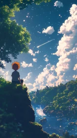 Dreamy sunset river view with child watching a shooting star.