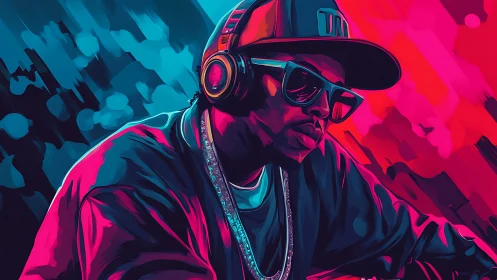 Urban DJ portrait in neon cyan and magenta lighting.