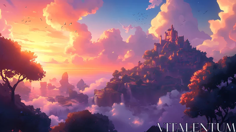 Sunset castle above the clouds in a dreamy coastal kingdom.