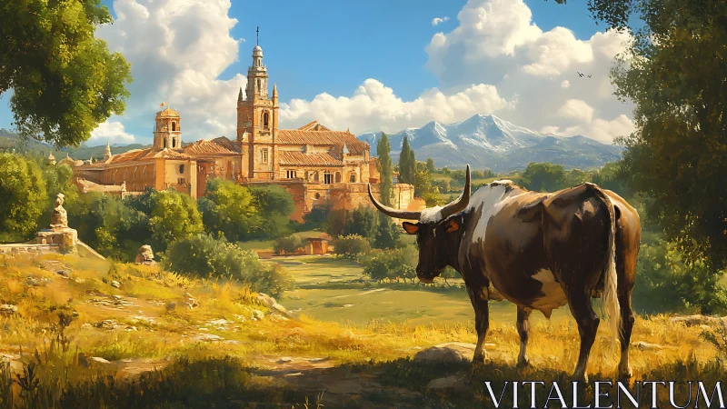 Majestic bull overlooks sunlit monastery in serene valley