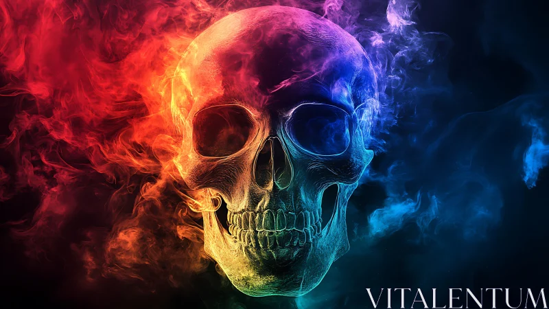 Prismatic skull drifting through swirling neon smoke clouds.