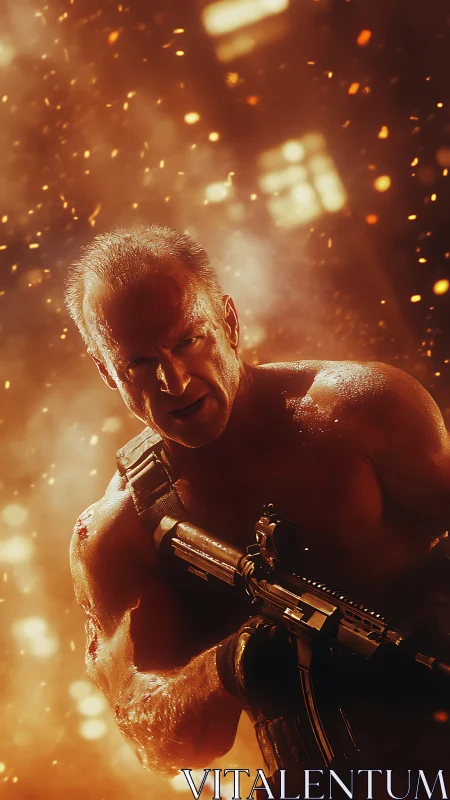 Armed shirtless male in burning particle-filled environment.