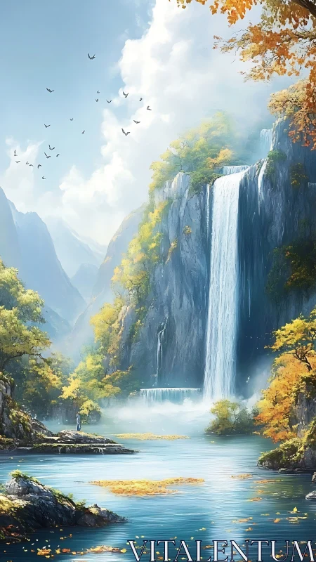 Majestic waterfall cascading into calm blue forest lake