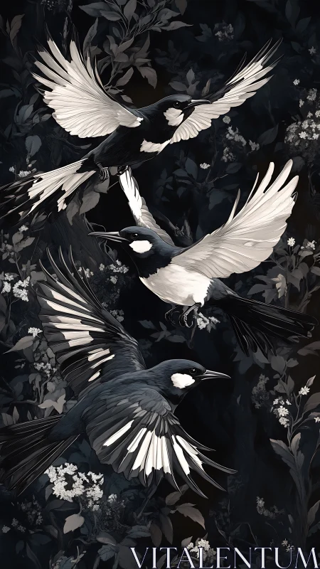 Midnight magpies in flight over shadowed floral canopy.