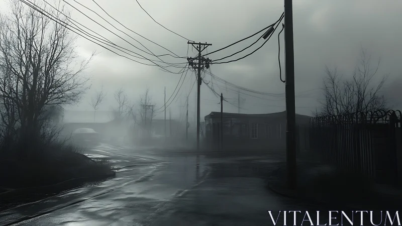 Foggy urban intersection with power lines and wet roadway.