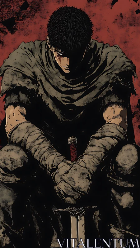 Brooding swordsman on blood-red dusk, wrapped in scars.