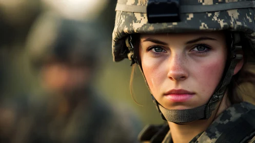Young Female Soldier in Focus, Realistic Military Portrait Photography.