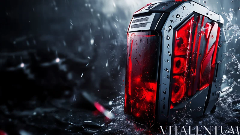 Water-cooled gaming PC tower in dynamic splash environment