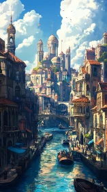 Sunlit canal citadel rising beneath storybook clouds.