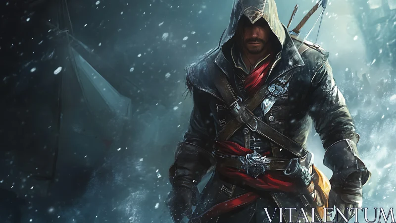 Hooded rogue in snowstorm with layered leather armor and blades drawn