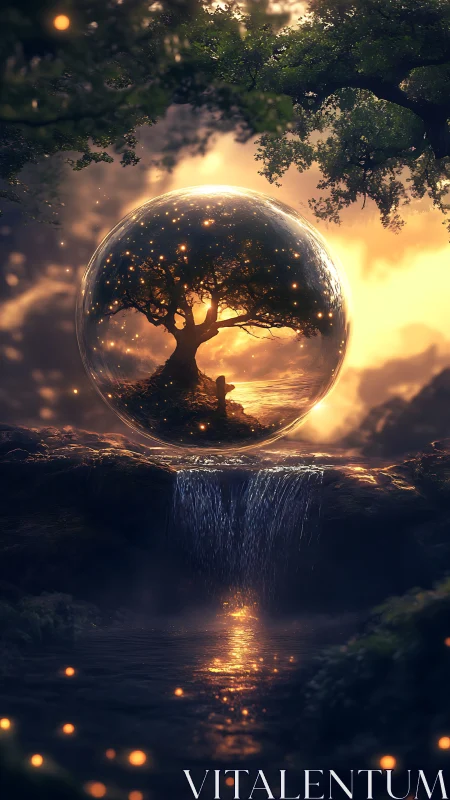 Luminous forest tree cradled in a floating crystal sphere.
